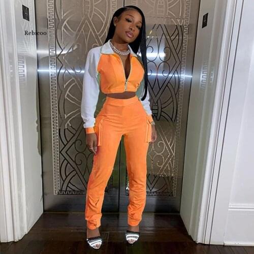 Sexy Reflective Two Piece Set Jumpsuit Long Sleeve Zip Crop Top+Pocket Stacked Leggings Fall Clothes for Women Tracksuit