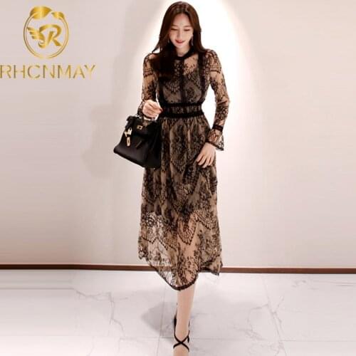 Summer Hollow Out Patchwork Bottoming Lace Dress Women 2020 New Elegant Vintage Dresses OL Sexy See Through Work Vestidos