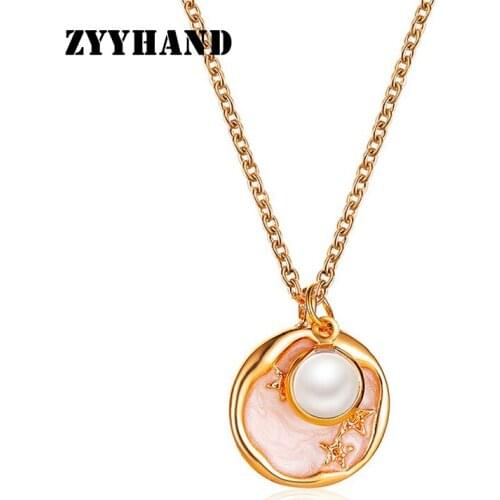 Golden Color Pearl Star Women Pendant Necklace Girl Enameled Irregular Elegant Cross Chain Small Charm Lady Jewelry