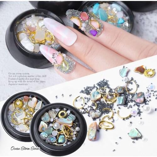 1 Box Mixed Colorful Rhinestones Metal Nails 3D Crystal Stones Pearl Natural Shell Nail Art Decoration Design Manicure Diamonds