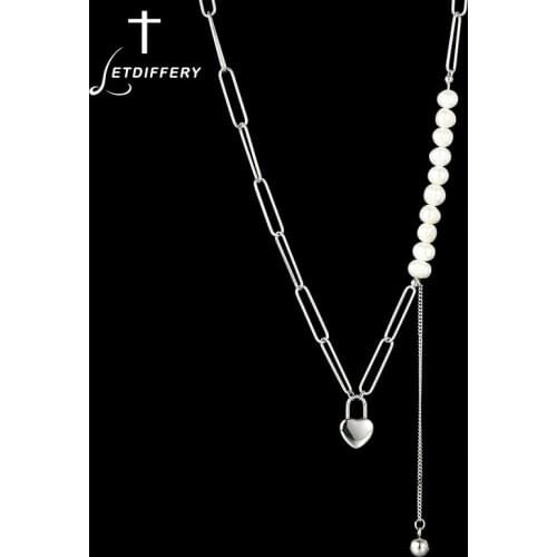 Letdiffery Sweet Heart Lock Bead Pendant Necklace Stainless Steel Pearl Chain for Women Silver Color Birthday Annivensary Gift
