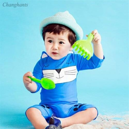 Kids Long Sleeve Rash Guards Blue Pink Cat Pattern 0-6 Y Boys One Piece Swimsuit Girls Swimming Pool Wear Baby Sandy Beach Suit