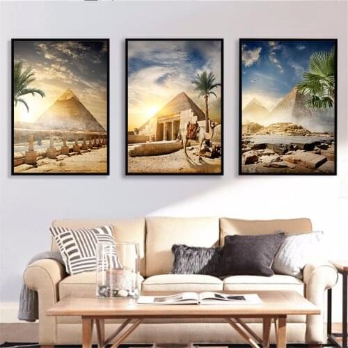 Canvas Painting Pyramid Egypt Desert Oasis Sunset Landscape Posters And Prints Decorative Painting Wall Pictures For Living Room