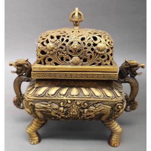China brass archaize double dragon ear Incense burner crafts statue