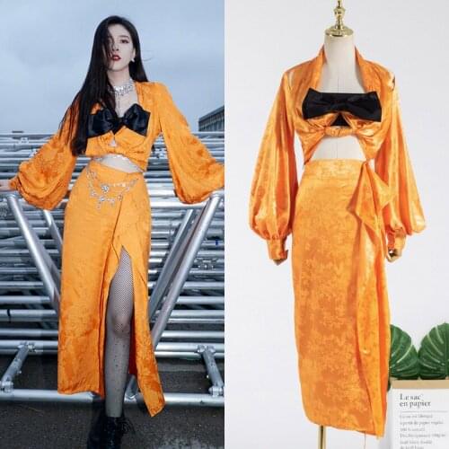 KPOP TWICE IU Seo Yea Ji Fashion Bowknot lace-up Lantern Sleeve Shirt tops+sexy slim Irregular Split Skirts women two piece set