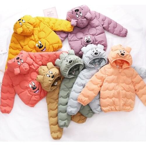 Children Solid Color Coat Winter Kids Warm Hooded Outerwear Fashion Thick Casual Jacket Cute Mickey Mouse Light Down Cotton Jack