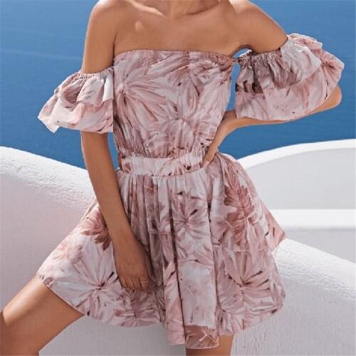 Summer Boheme Beach Mini Dress Women Backless Slash Neck Flare Sleeve Irregular Hem Dresses Party Floral Print Vestidos