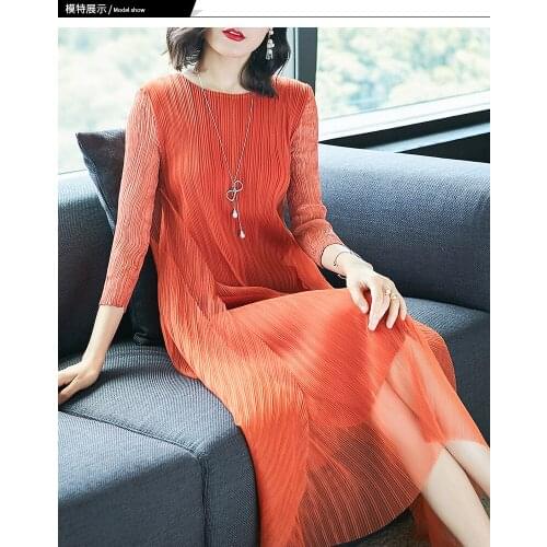 HOT SELLING fashion miyake o-neck three quarter pleated solid Mesh A-line dress IN STOCK
