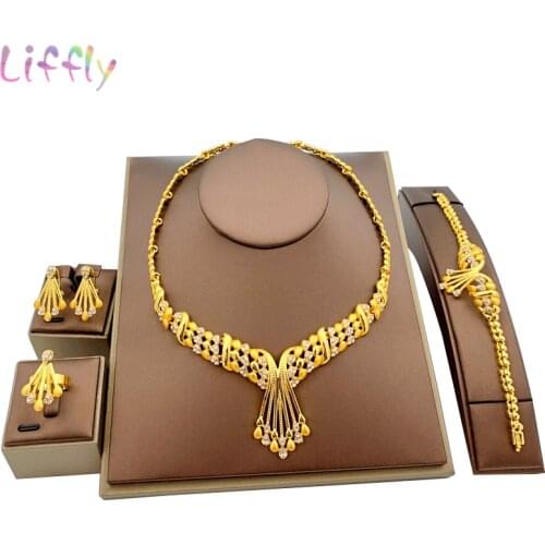 Liffly African Dubai Gold Bridal jewelry sets for Women Bracelet Earrings indian Wedding Party Crystal Ring Jewelry Sets
