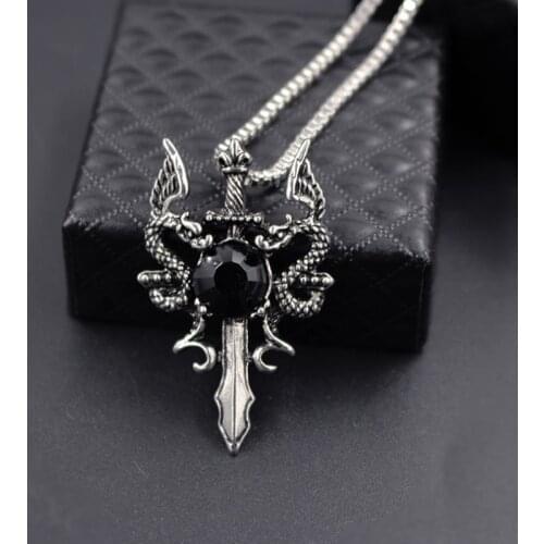 Cool Domineering Double Dragon Sword Pendant Necklaces for Men Punk Design Best Jewelry Gifts