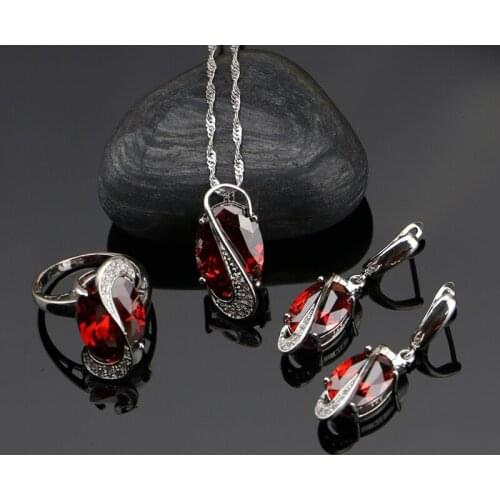 925 Sterling Silver Jewelry Sets Red Cubic Zirconia For Women Wedding Earrings/Pendant/Necklace/Ring