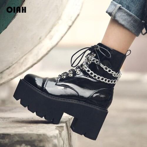 OIAH Design 2020 New Winter Platform Motorcycle Boots High Heel Metal Decor Black Cool Rivet Square Heel Zip Lady Shoes