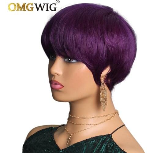 Purple Color Short Wig Pixie Cut Peruvian Human Hair Wig For Black Women Full Machine No Lace Front Human Hair Wigs Bob Straight