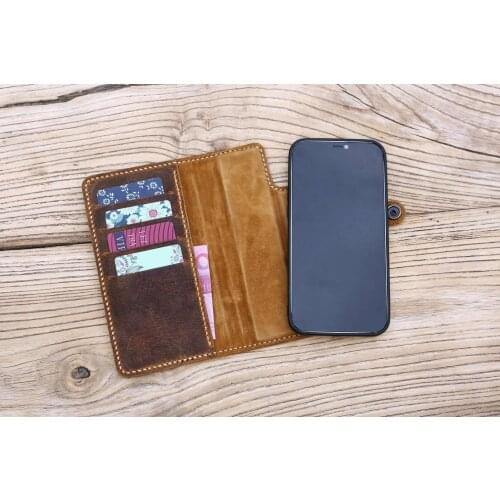 Personalized full grain Leather iPhone phone case with card holder , iPhone 11 12 pro max wallet case detachable Z03-IP05DMW