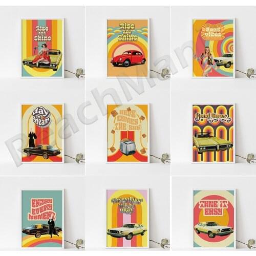 70s rainbow art, cars, beauties, everything will be okay, relax, have a good time, good vibes, hippies 70s decoration retro home