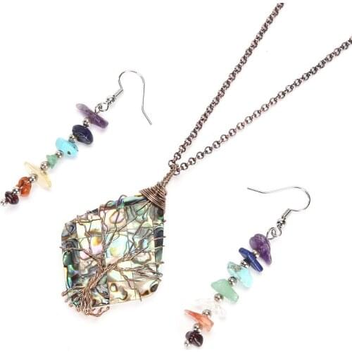 Abalone Shell Tree Of Life Pendant Copper Wire Wrapped Necklace Reiki Healing Natural Stone 7Chakra Earrings Jewelry for Women