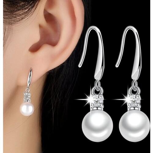Luxury Dangle Earrings for Women Korean Style White Gold Color Shiny CZ Zircon Pearl Earrings Female Party Silver Plated Jewelry