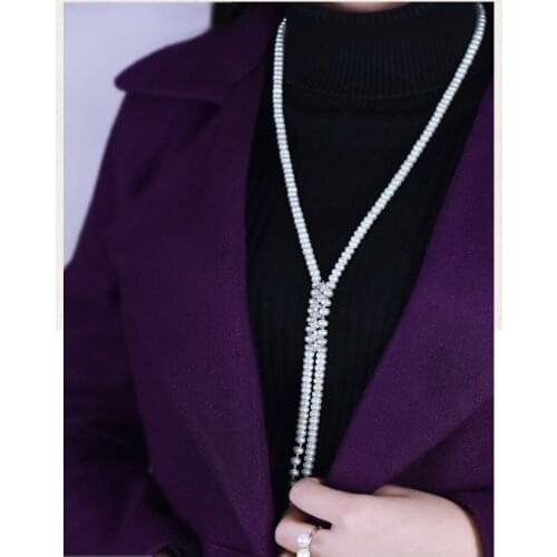 Hand knotted Natural white freshwater pearl necklace long sweater chain fashion jewelry