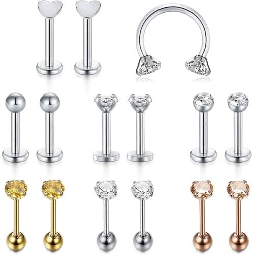 Tragus Earrings 16G CZ Cartilage Hoop Labret Monroe Medusa Lip Rings Retainer Rook Helix Earring Stud Barbell Piercing