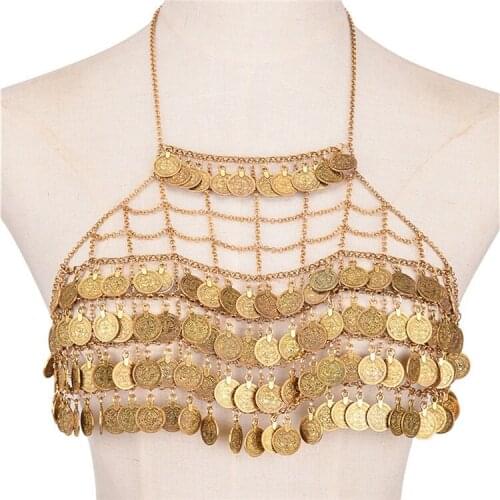 Sexy Bohemian Turkish Gold Alloy Bra Body Chain Full Coin Tassel Statement Dance Chain Party Body Jewelry Women Gypsy Tribal