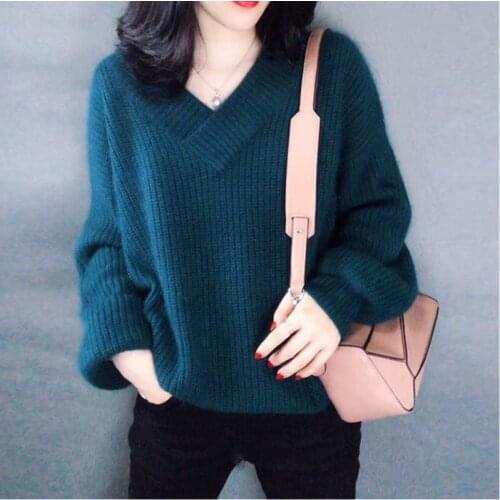 Basic knit Sweater Women V-neck Solid Pullover 2020 Autumn Korean Loose Lantern sleeve Sweaters Pullover Female Tops