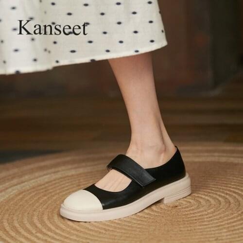Kanseet Genuine Leather Womens Shoes 2021 Spring Autumn Round Toe Mid Heels Women Pumps Party Dress Handmade Black Plus Size 40