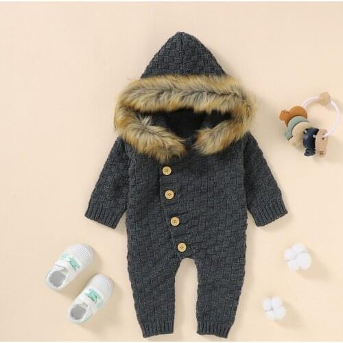 Pudcoco Baby Girls Boys Knitted Romper Autumn Winter Solid Single-breasted Long Sleeve Hooded Jumpsuit with Wool Collar 0-24M