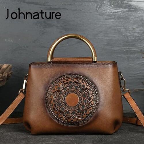 Johnature 2021 New Genuine Leather Luxury Handbags Women Bags Designer Vintage Cowhide Large Capacity Shoulder & Crossbody Bags