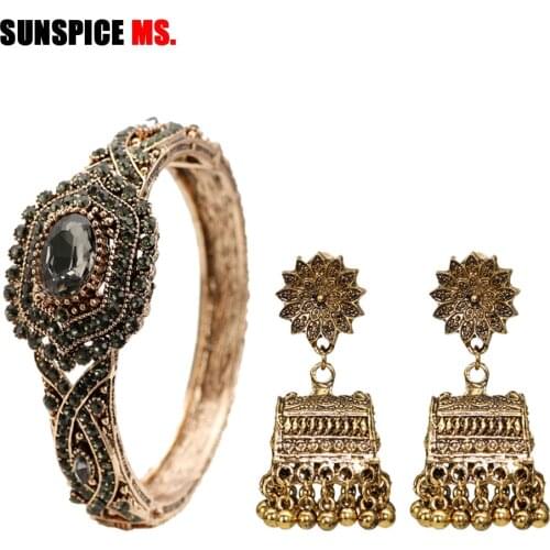 Sunspicems Vintage Boho Bangle Earring Set for Women Retro Gold Color Gray Crystal Ethnic Wedding Jewelry Indian Fashion Bijoux