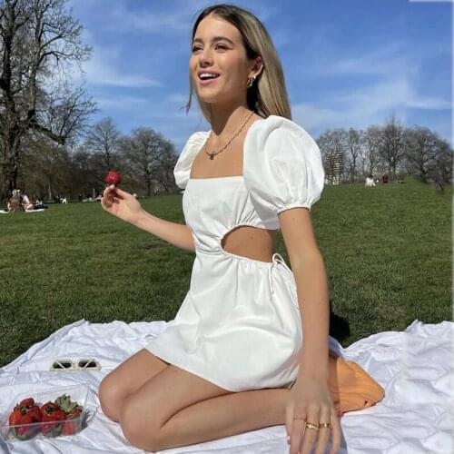 Foridol Sexy Backless White Beach Short Dress Cotton Women Summer 2021 Lace Up Vintage Cute Short Sleeve Dress Blue