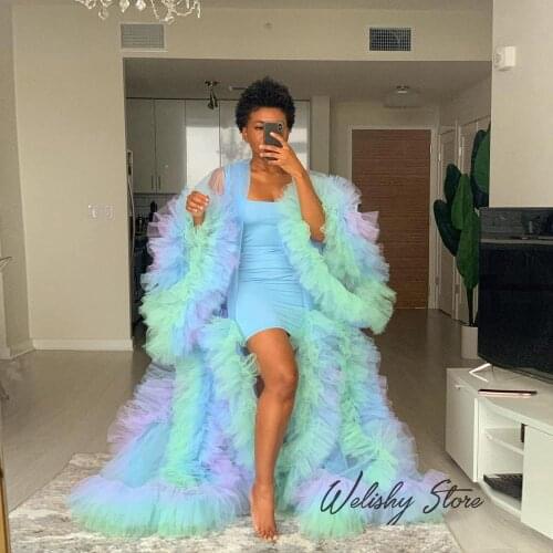 Mix Color Splicing Tulle Robe Women Long Tulle Dress Pleated Ruffled Beach Birthday Party Tulle Dresses Photography Custom Made