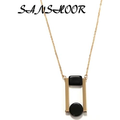 SANSHOOR New Leisure Bead Pendant Long Chain Necklace Geometric Bead Wooden Long Simple Necklace Gold Alloy For Female