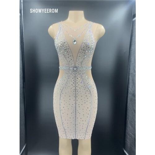 Women Birthday Mesh Transparent Silver Rhinestones Dress See Through Sleeveless Crystals Stretch Dress Celebrate Sexy Costume