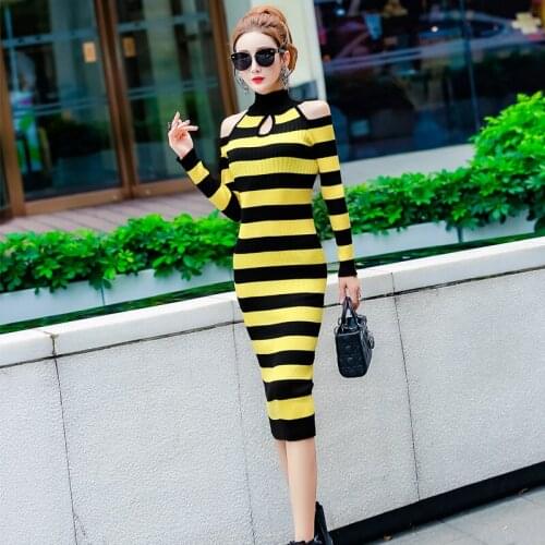 Autumn Dresses For Women 2021 Fashion Striped Sexy Off Shoulder Long Sleeve Knitted Bodycon Feminine Mid-calf Vestidos