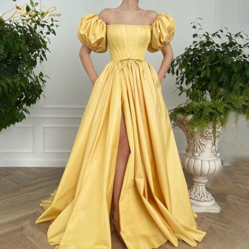 Golden Yellow Evening Dress Long Satin A line Puff Sleeve Off Shoulder Prom Dresses Slit Side Sleeves Back Bandage Formal Gown
