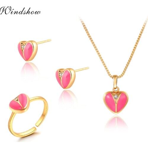 Gold Color Pink Peach Love Heart CZ Zircon Stud Earrings Ring Pendant Necklace Small Jewelry Sets For Children Girls Kid Baby