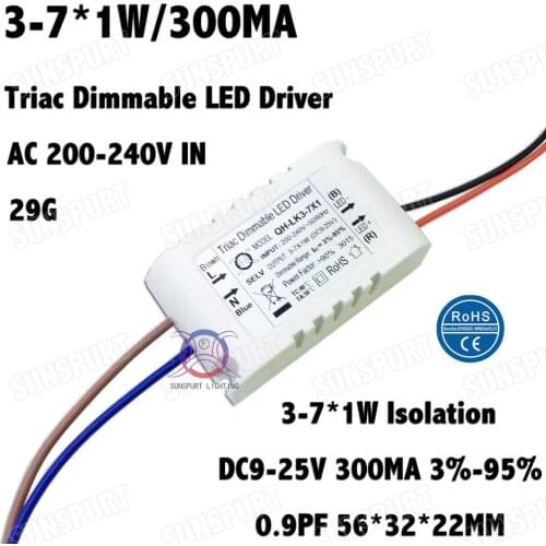2 Pieces Isolation 3W-7W AC200-240V Triac Dimmable LED Driver 3-7x1W 300mA DC9-25V High PFC LED Power Supply CC Free Shipping
