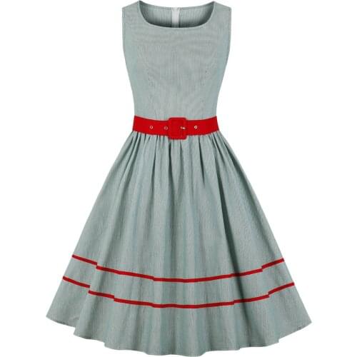 2021 Elegant Women 50s Pin Up Vintage Rockablliy Dress Office OL Casual Sundress A Line Sleeveless Summer Belted Cotton Dresses