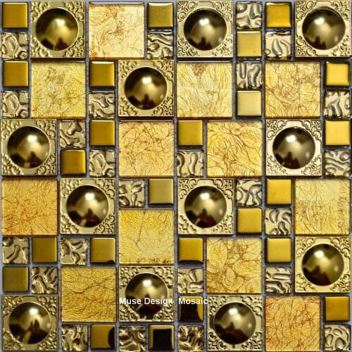 European Style 3D Luxury Golden foil Crystal Glass Metal Flower Mosaic Tiles for kitchen backsplash sticker bathroom floor tiles