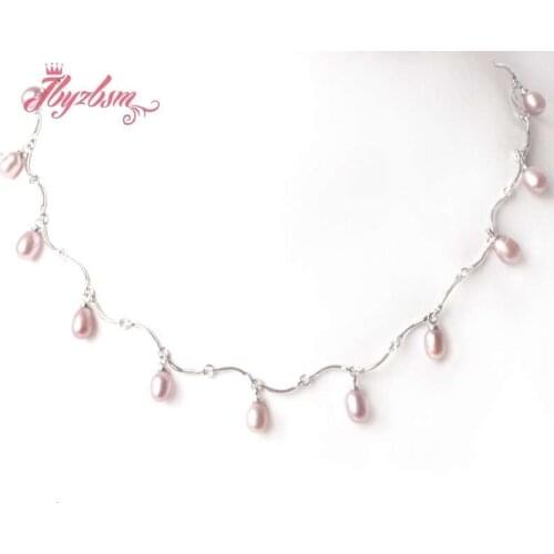 6-7x7-8mm Oval Freshwater Pearl Natural Stone Beads Silver Plaeted Christmas Gift Wedding Fashion Necklace Adjustable Size 18"