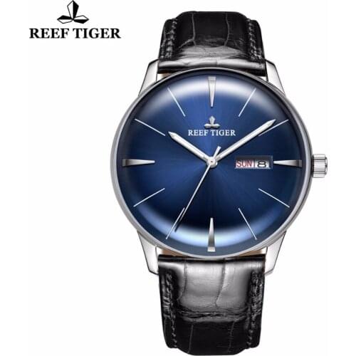 Reef Tiger/RT Brands Dress Watches Mens Stainless Steel Automatic Analog Watches Genuine Leather Strap RGA8238