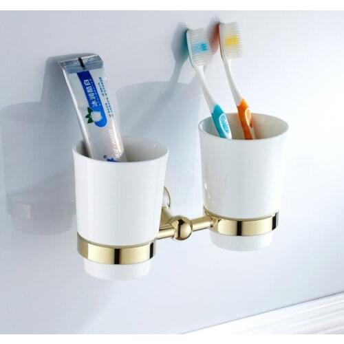 Vidric Gold Tooth Brush Holder, Wall Mounted Brass Double Cup Holders round design Bathroom Accessories Gold style embedded