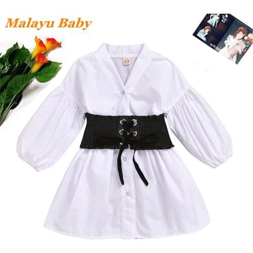 Malayu Baby Girls Long Shirt Dress Suit Spring Autumn Fashion Child Lantern Sleeves V-Neck Blouse Belted 2Pcs Outfits 2-6 Years