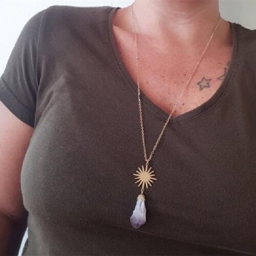 Sun and Gemstone Long Necklace Purple Stone Rose Brass Modern Gorgeous Pendant Witch Boho Charm Birthstone Statement Jewelry New