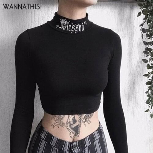 WannaThis Long Sleeve Lettr Print Turtleneck T-Shirt Women Crop Top Slim Punk Style Autumu Black Knitted Elastic Ladies Tops