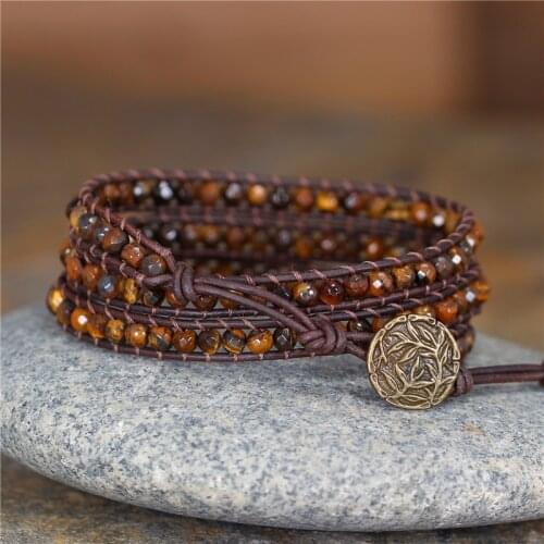 Leather Bangles Bracelets Tiger Eye Beads Bracelets BOHO Weaving Leather Wrap Bracelet Wholesale Handmade Jewelry Dropshipping