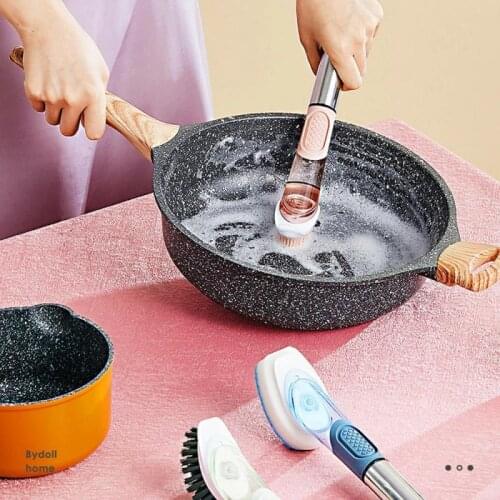Kitchen Cleaning Brush 3 In 1 Long Handle Dishwashing Brush Dish Soap Dispenser With Removable Sponge Nylon TPR Brush Head