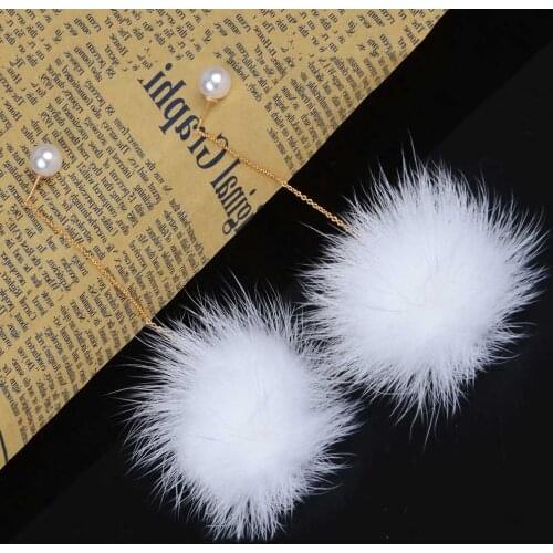 LFPU Fashion Crystal Zinc Alloy Mink Ball Charm Earring Imitation Pearl Stud Real Marten Feather Earrings Women Party Jewelry