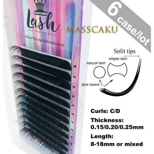 MASSCAKU 6 Trays/Lot Flat Ellipse Eyelash Extensions Split Tips Shaped Natural Light False Mixed Eyelashes Wholesale