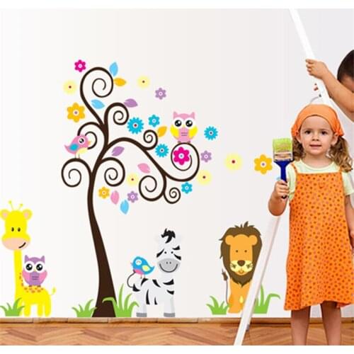 Lovely Safari Lion Giraffe Owlet Zebra Tree Wall Stickers For Kids Room Decoration Cartoon Animals Wall Mural Art Diy Home Decal